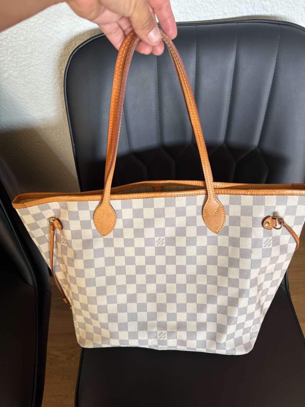 Women's Checkered Canvas Tote Bag with Tan Leather Trim